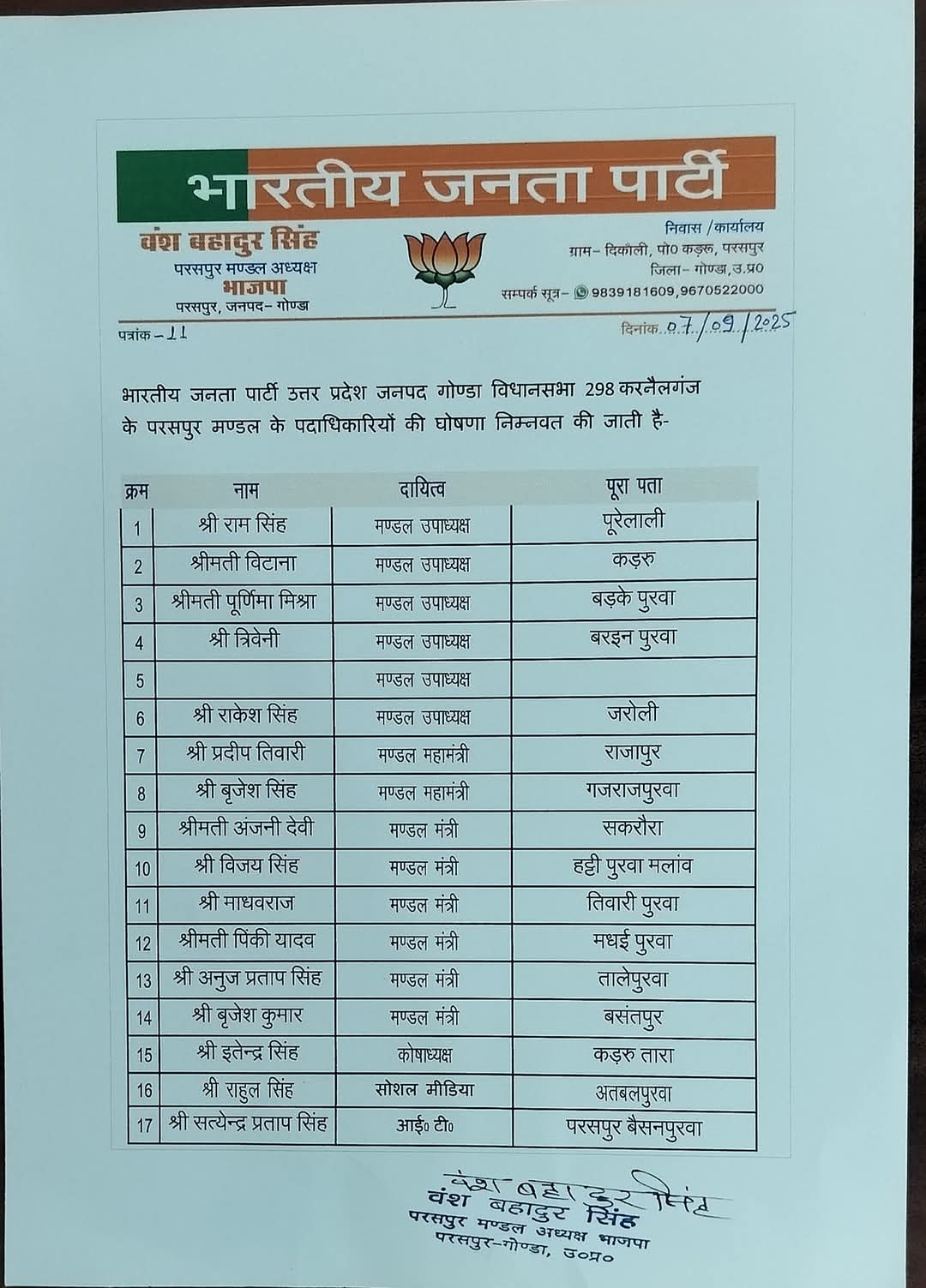 गोंडा : मंडल अध्यक्ष वंश बहादुर सिंह ने की भाजपा परसपुर मंडल की नई कार्यकारिणी की घोषणा